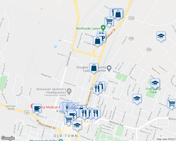 map of restaurants, bars, coffee shops, grocery stores, and more near 101 Wyck Street in Winchester