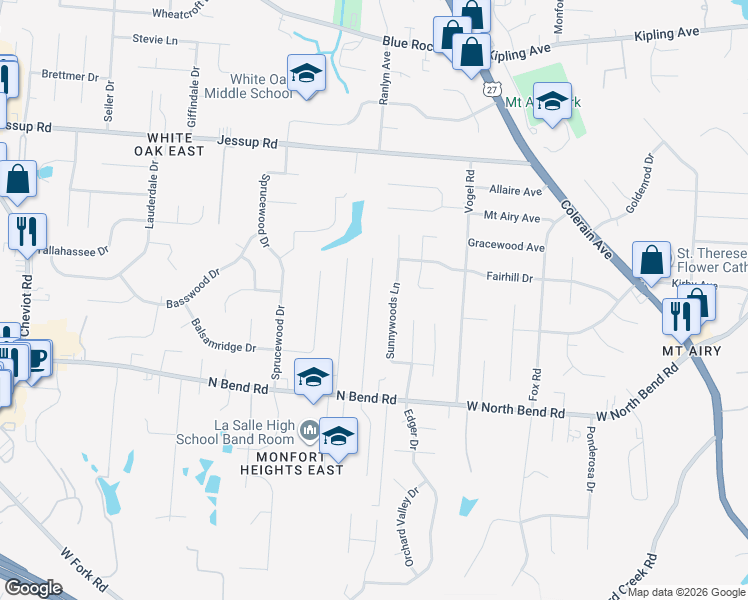 map of restaurants, bars, coffee shops, grocery stores, and more near 5593 Sunnywoods Lane in Cincinnati