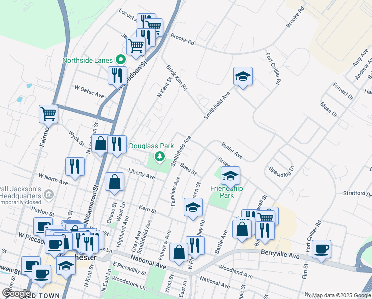 map of restaurants, bars, coffee shops, grocery stores, and more near 680 Smithfield Avenue in Winchester