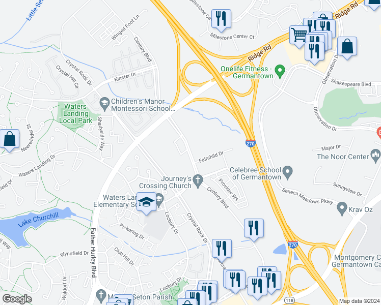 map of restaurants, bars, coffee shops, grocery stores, and more near 20402 Century Boulevard in Germantown