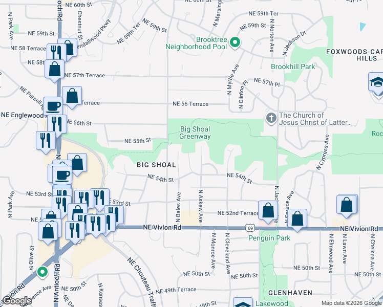 map of restaurants, bars, coffee shops, grocery stores, and more near 5429 North Bales Terrace in Kansas City