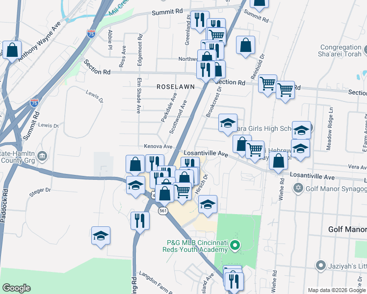 map of restaurants, bars, coffee shops, grocery stores, and more near 7224 Reading Road in Cincinnati
