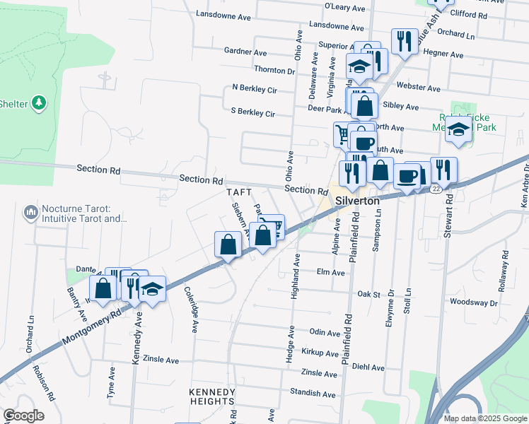 map of restaurants, bars, coffee shops, grocery stores, and more near 6852 Park Avenue in Cincinnati