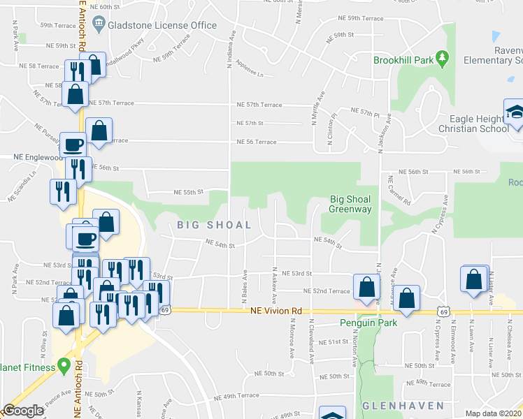 map of restaurants, bars, coffee shops, grocery stores, and more near 5435 North Bales Terrace in Kansas City