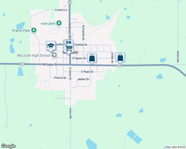map of restaurants, bars, coffee shops, grocery stores, and more near 310 East Pearl Street in McLouth