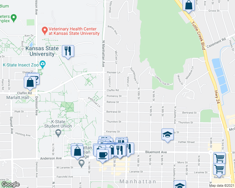 map of restaurants, bars, coffee shops, grocery stores, and more near 1433 McCain Lane in Manhattan