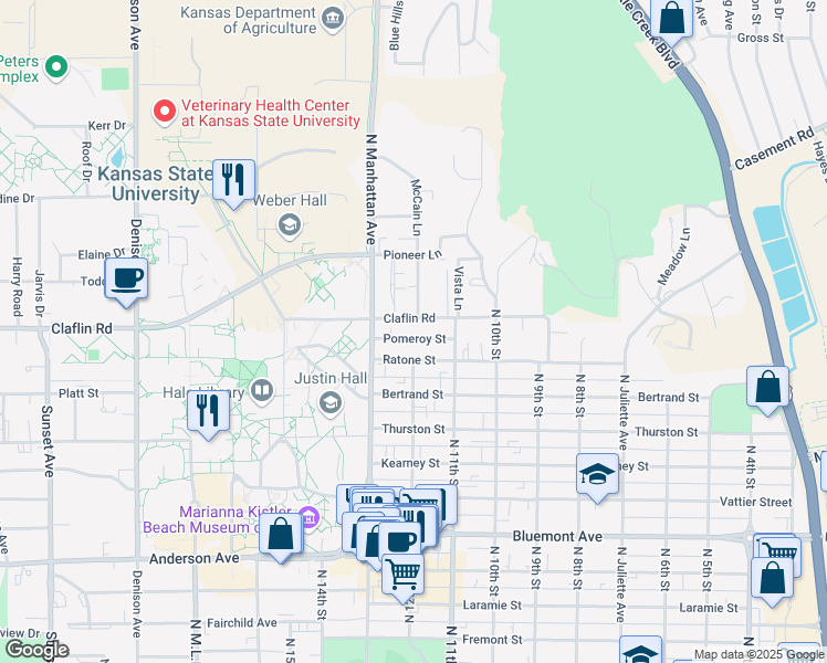 map of restaurants, bars, coffee shops, grocery stores, and more near 1433 McCain Lane in Manhattan