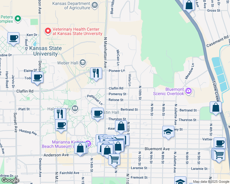 map of restaurants, bars, coffee shops, grocery stores, and more near 1433 McCain Lane in Manhattan