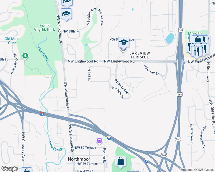map of restaurants, bars, coffee shops, grocery stores, and more near 7126 North Wyoming Avenue in Kansas City