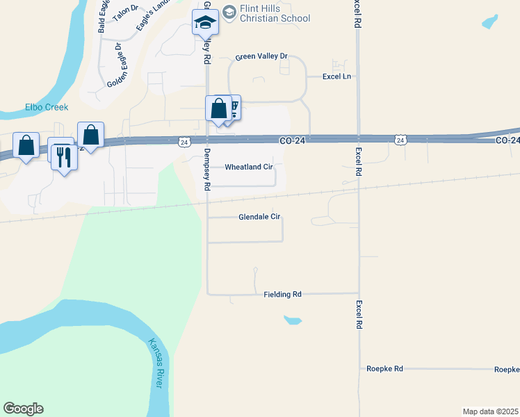 map of restaurants, bars, coffee shops, grocery stores, and more near 8950 Wheatland Circle in Manhattan