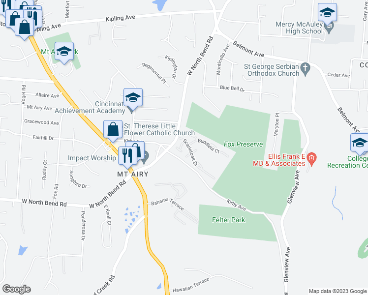 map of restaurants, bars, coffee shops, grocery stores, and more near 2430 Buddleia Court in Cincinnati