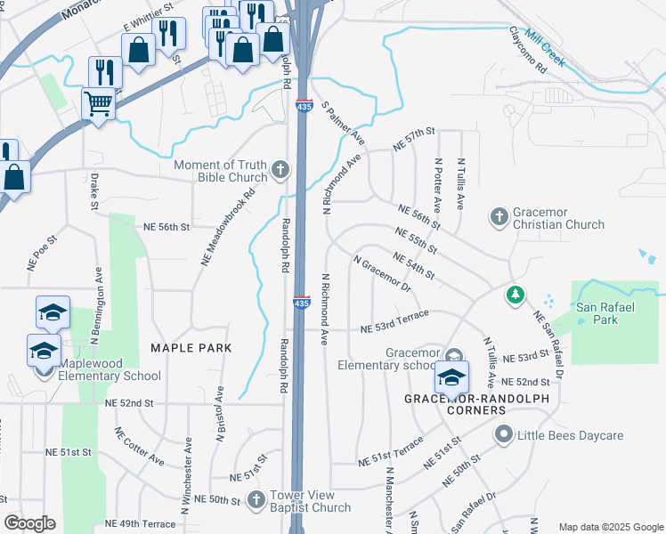 map of restaurants, bars, coffee shops, grocery stores, and more near 5399 North Richmond Avenue in Kansas City