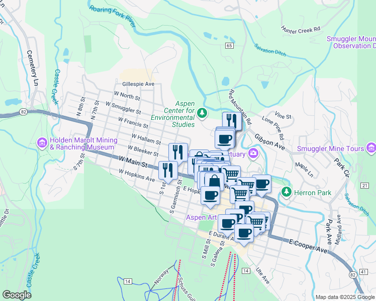 map of restaurants, bars, coffee shops, grocery stores, and more near 101 West Hallam Street in Aspen