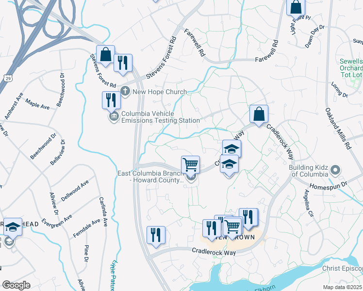 map of restaurants, bars, coffee shops, grocery stores, and more near 6551 Overheart Lane in Columbia