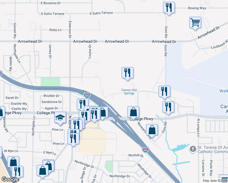 map of restaurants, bars, coffee shops, grocery stores, and more near 986-1486 Hot Springs Road in Carson City
