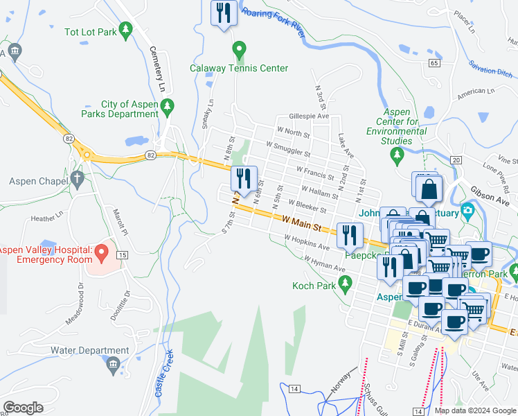 map of restaurants, bars, coffee shops, grocery stores, and more near 117 North 6th Street in Aspen