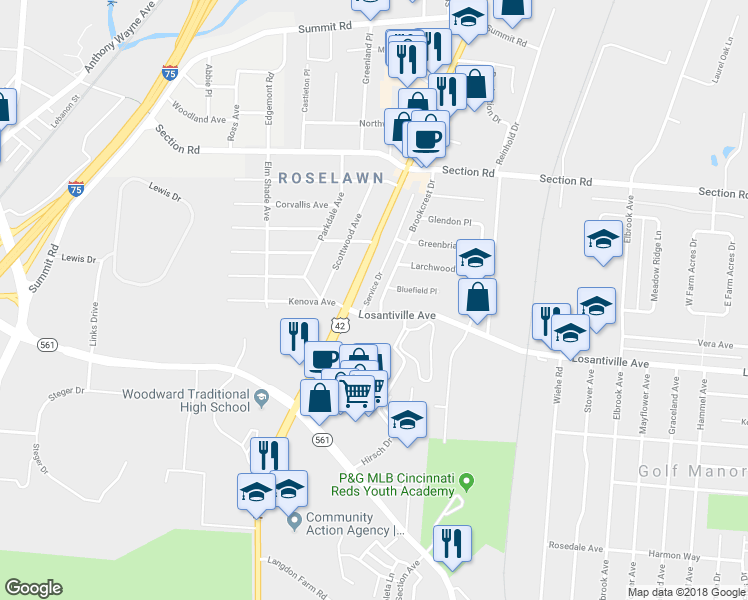 map of restaurants, bars, coffee shops, grocery stores, and more near 7224 Reading Road in Cincinnati