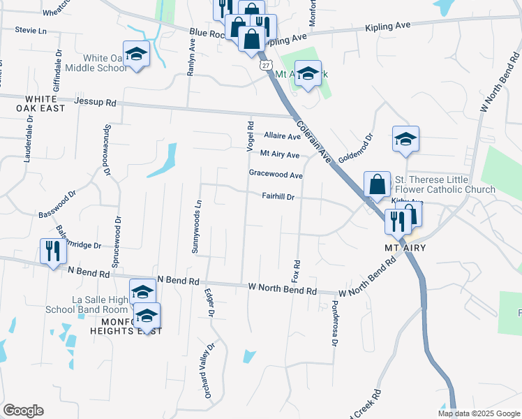 map of restaurants, bars, coffee shops, grocery stores, and more near 2649 Fairhill Drive in Cincinnati