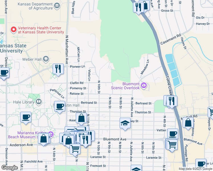 map of restaurants, bars, coffee shops, grocery stores, and more near 908 Claflin Road in Manhattan