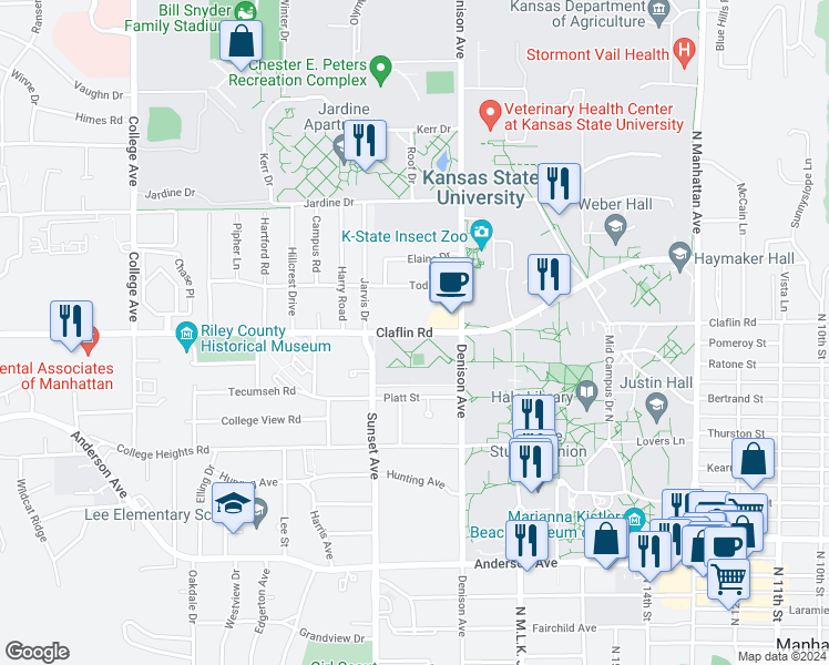 map of restaurants, bars, coffee shops, grocery stores, and more near 1850 Claflin Road in Manhattan