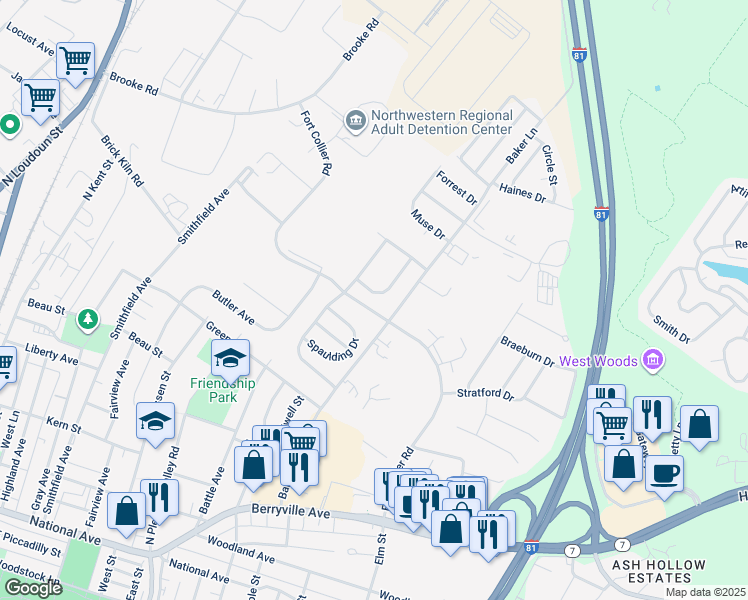 map of restaurants, bars, coffee shops, grocery stores, and more near 110 Early Drive in Winchester