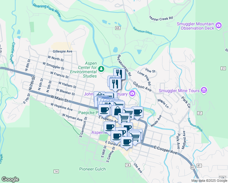 map of restaurants, bars, coffee shops, grocery stores, and more near 300 Puppy Smith Street in Aspen