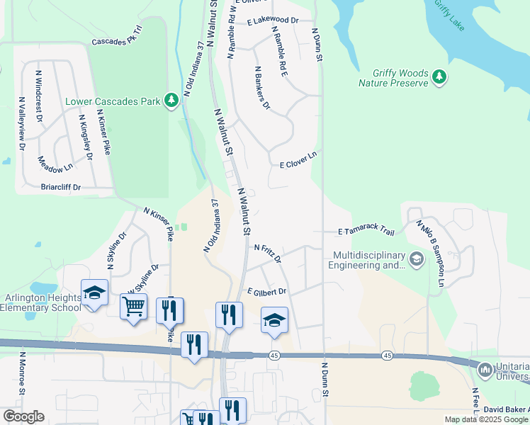 map of restaurants, bars, coffee shops, grocery stores, and more near 2622 North Walnut Street in Bloomington