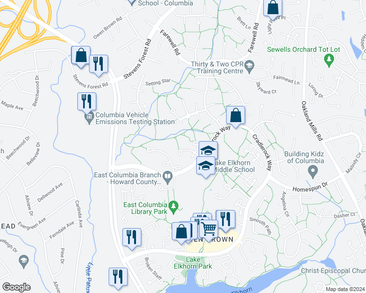 map of restaurants, bars, coffee shops, grocery stores, and more near 6567 Frietchie Row in Columbia