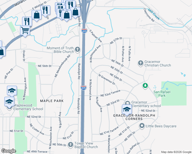 map of restaurants, bars, coffee shops, grocery stores, and more near 5388 North Palmer Avenue in Kansas City