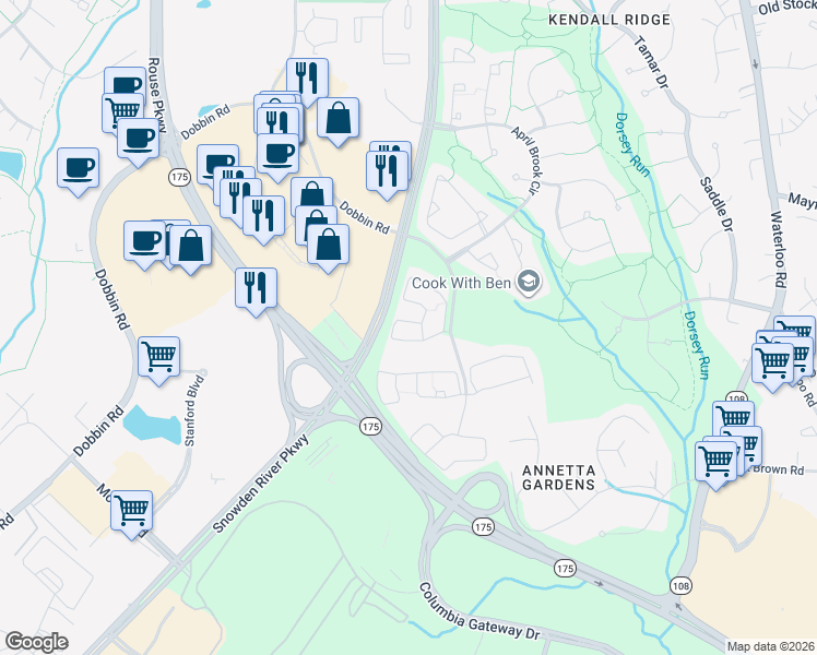 map of restaurants, bars, coffee shops, grocery stores, and more near 8656 Vast Rose Drive in Columbia