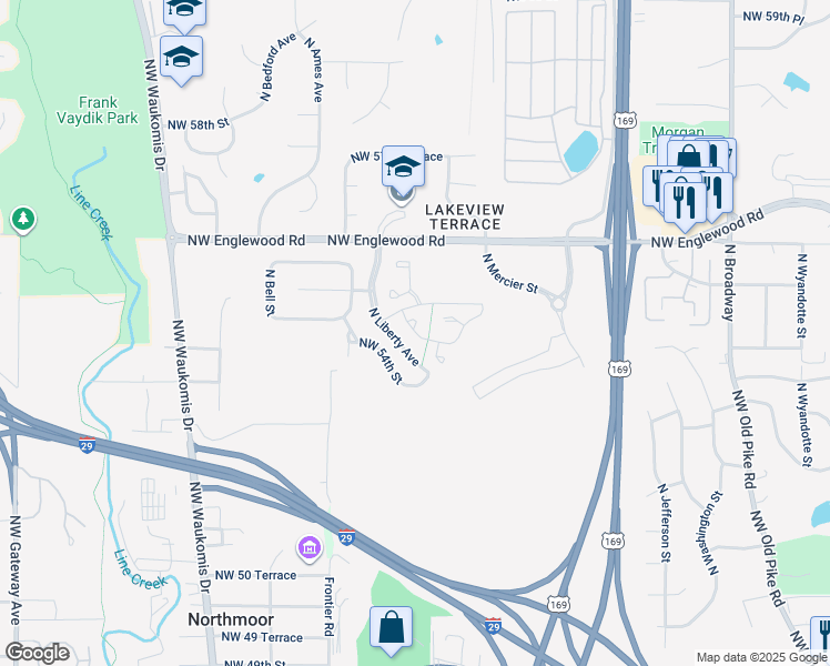 map of restaurants, bars, coffee shops, grocery stores, and more near 5417 North Hickory Street in Kansas City
