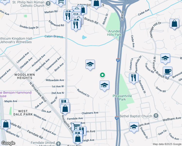 map of restaurants, bars, coffee shops, grocery stores, and more near 10 East 1st Avenue in Glen Burnie