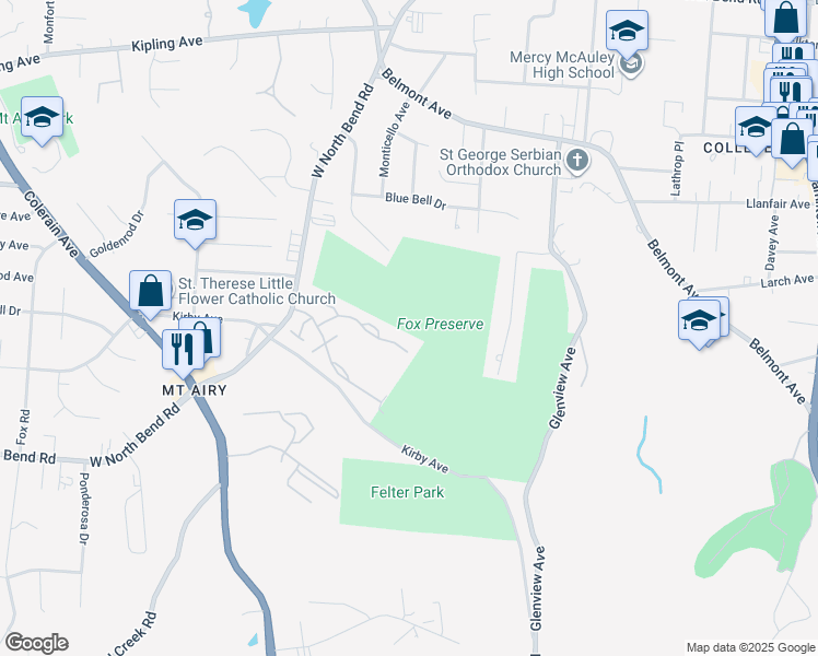 map of restaurants, bars, coffee shops, grocery stores, and more near 2346 Buddleia Court in Cincinnati