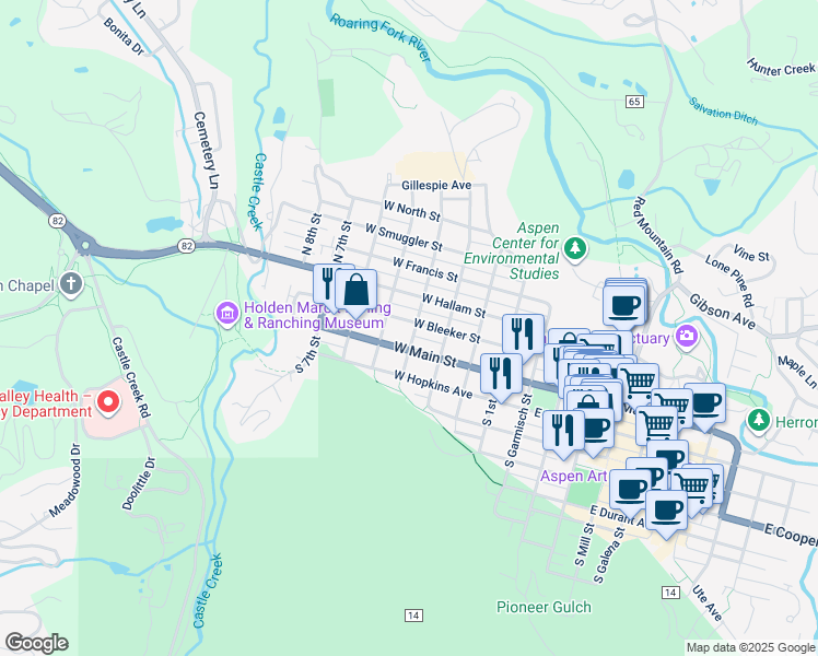map of restaurants, bars, coffee shops, grocery stores, and more near 442 West Bleeker Street in Aspen