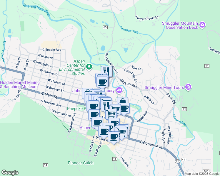 map of restaurants, bars, coffee shops, grocery stores, and more near 410 North Mill Street in Aspen