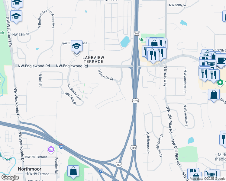 map of restaurants, bars, coffee shops, grocery stores, and more near 5400 North Summit Street in Kansas City