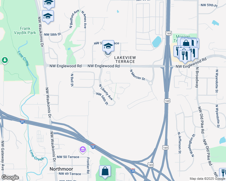 map of restaurants, bars, coffee shops, grocery stores, and more near 5417 North Hickory Street in Kansas City