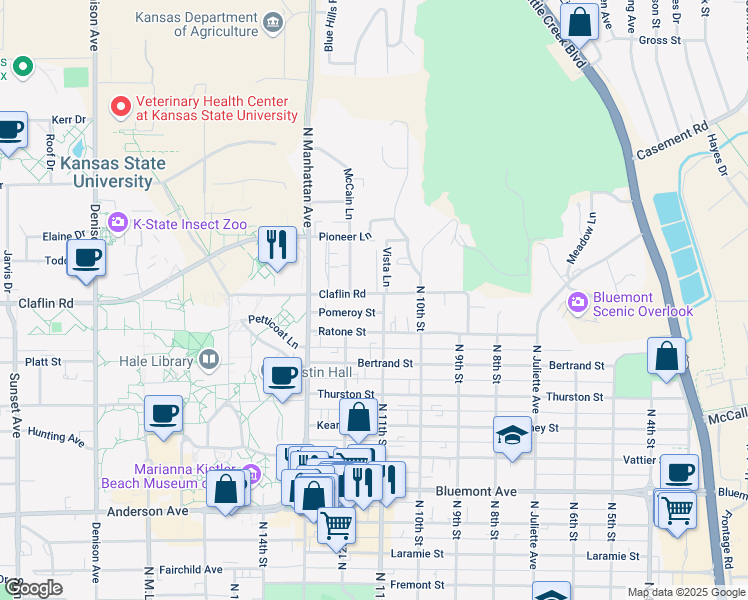 map of restaurants, bars, coffee shops, grocery stores, and more near 1400 Vista Lane in Manhattan