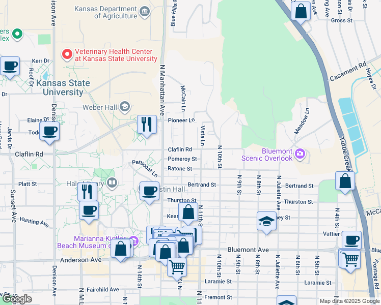 map of restaurants, bars, coffee shops, grocery stores, and more near 1433 McCain Lane in Manhattan