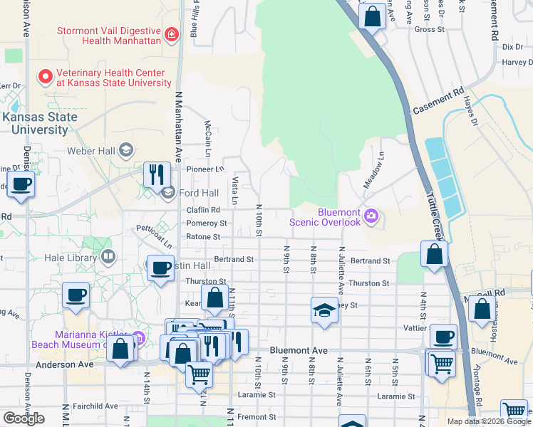 map of restaurants, bars, coffee shops, grocery stores, and more near 930 Claflin Road in Manhattan
