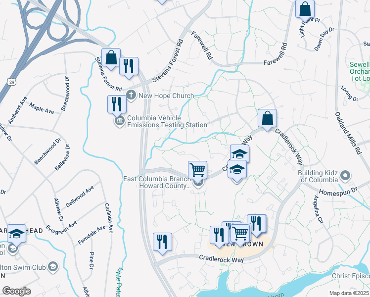 map of restaurants, bars, coffee shops, grocery stores, and more near 6541 Overheart Lane in Columbia