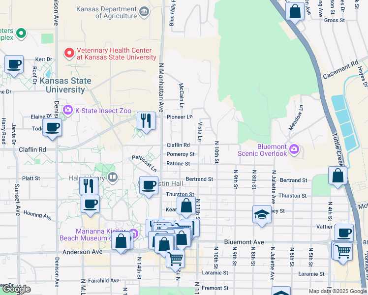 map of restaurants, bars, coffee shops, grocery stores, and more near 1129 Claflin Road in Manhattan