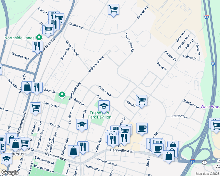 map of restaurants, bars, coffee shops, grocery stores, and more near 113 Hampton Court in Winchester