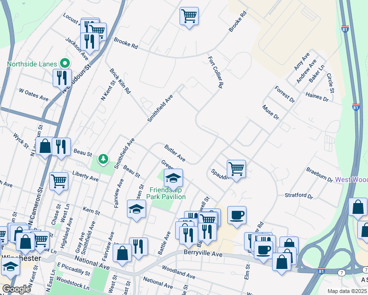 map of restaurants, bars, coffee shops, grocery stores, and more near 113 Hampton Court in Winchester