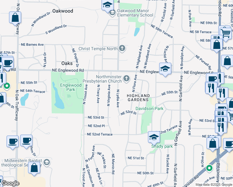 map of restaurants, bars, coffee shops, grocery stores, and more near 5418 North Lydia Avenue in Kansas City