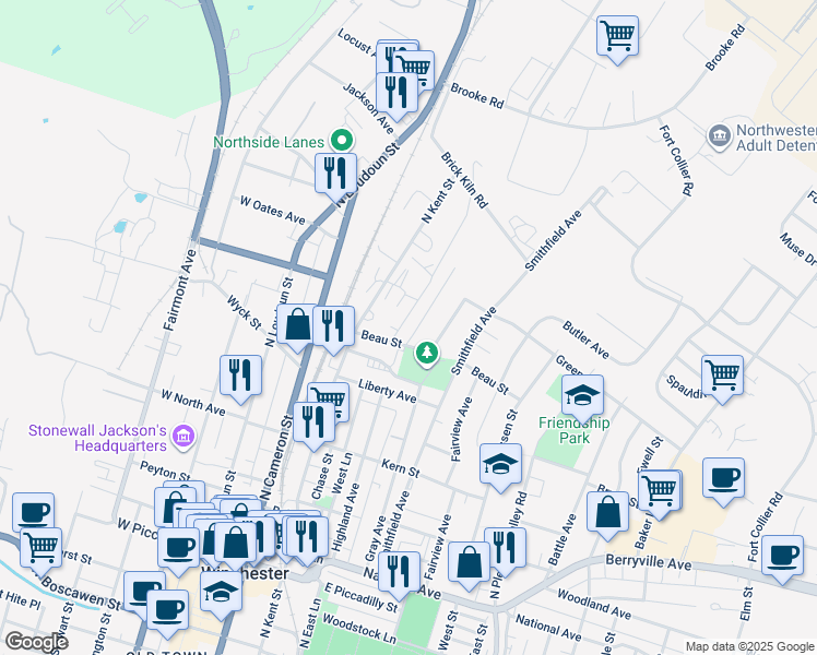 map of restaurants, bars, coffee shops, grocery stores, and more near 613 Watson Avenue in Winchester