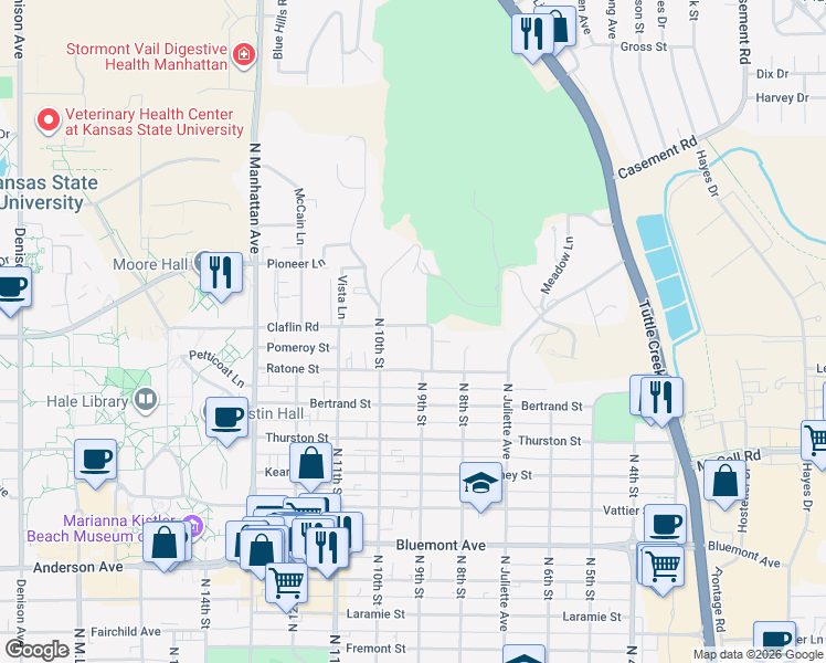 map of restaurants, bars, coffee shops, grocery stores, and more near 908 Claflin Road in Manhattan