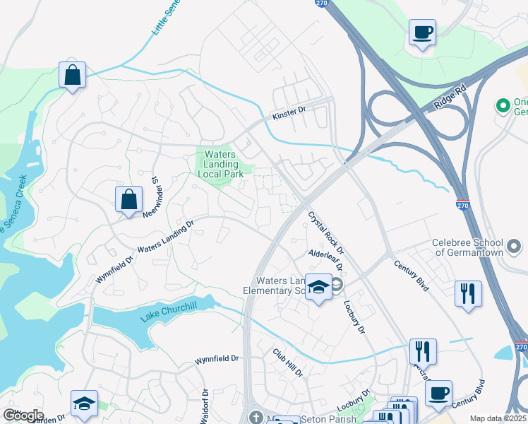 map of restaurants, bars, coffee shops, grocery stores, and more near 20542 Shadyside Way in Germantown