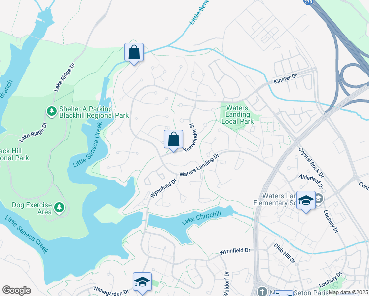 map of restaurants, bars, coffee shops, grocery stores, and more near 20528 Neerwinder Street in Germantown