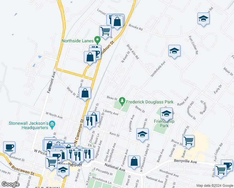map of restaurants, bars, coffee shops, grocery stores, and more near 613 Watson Avenue in Winchester